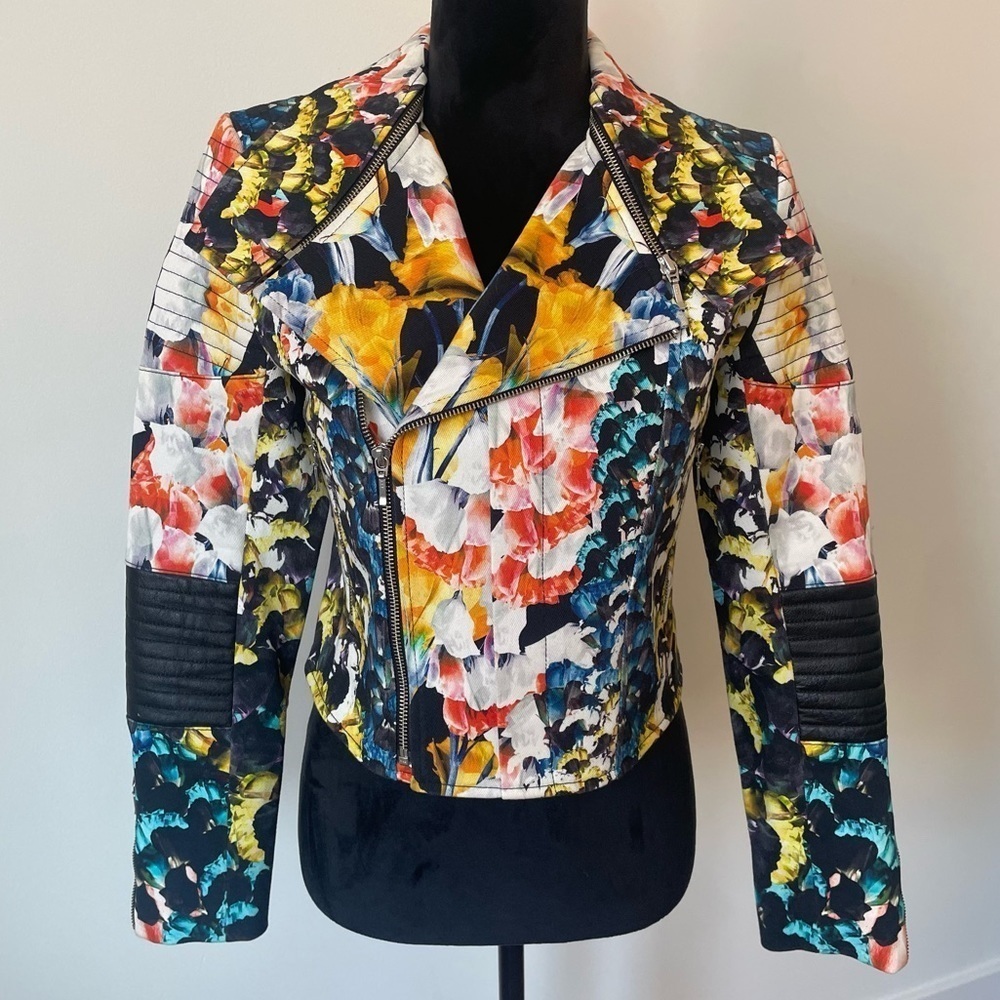 NICHOLAS Digi Spring Floral Leather Patch Cotton-Blend Moto Jacket EUC Size 4